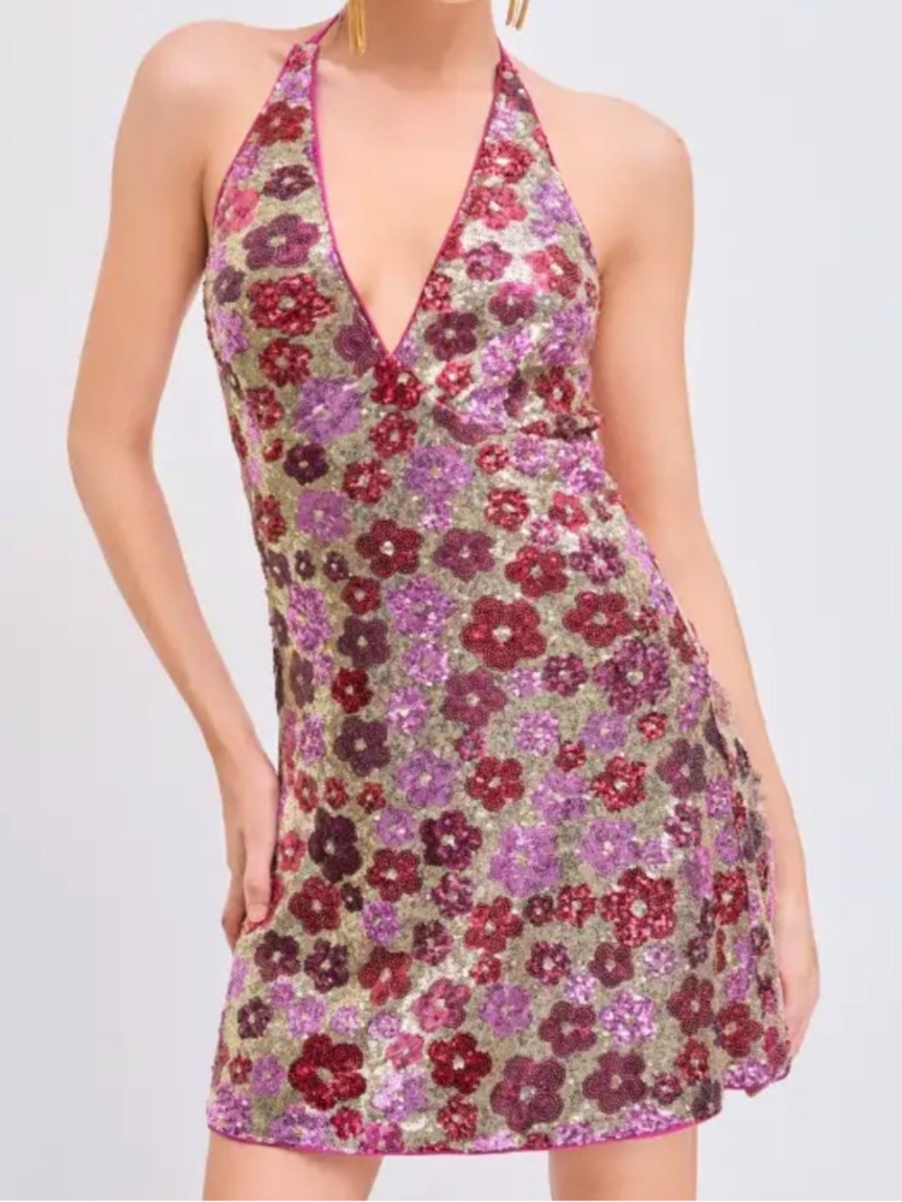 Cider Sequin Floral Halter Mini Dress in Gold, Pink, Red, Purple
